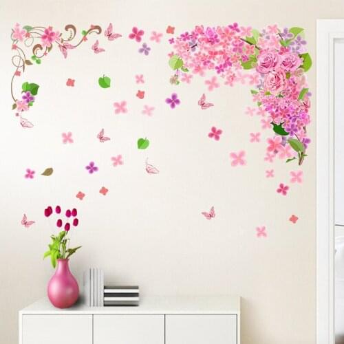 Creative Pink Butterfly Blossom Flower Wall Sticker Self-adhesive Romantic Wallpaper Ornament for Living Room Bedroom Decoration