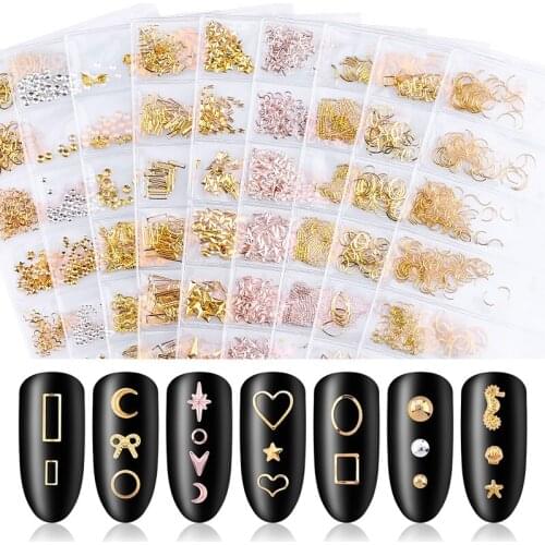 6 Kinds/bag of 3D Gold Metal Rivet Nails Round Animal Moon Decoration Nail Shell Sticker Decoration Manicure DIY Accessories