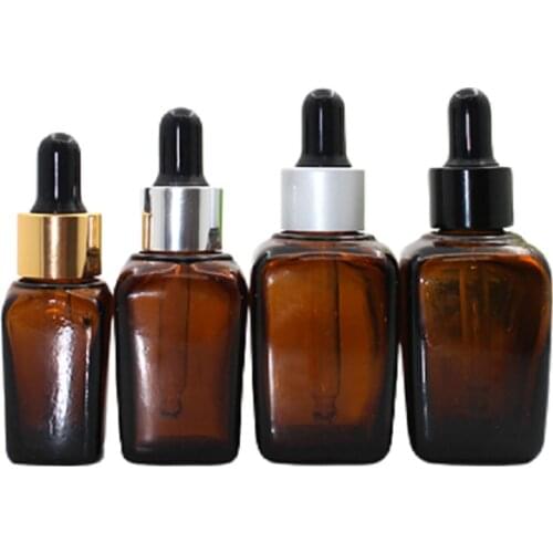 10ml 20ml 30ml Empty Brown Square Glass Packaging Bottle Gold Silver Ring Black Top Cosmetic Essential Oil Dropper Vials 20pcs