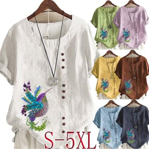 Summer Fashion Womens Cartoon Print Short Sleeve Round Neck Shirt Ladies Cotton and Linen Button Loose T-shirt Plus Size Top