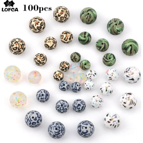 LOFCA 100pcs Camo Silicone Beads Leopard 12/15/19mm Tie Die Baby Teether Dalmatian Terrazzo Hexagon Teething Beads DIY Jewelry