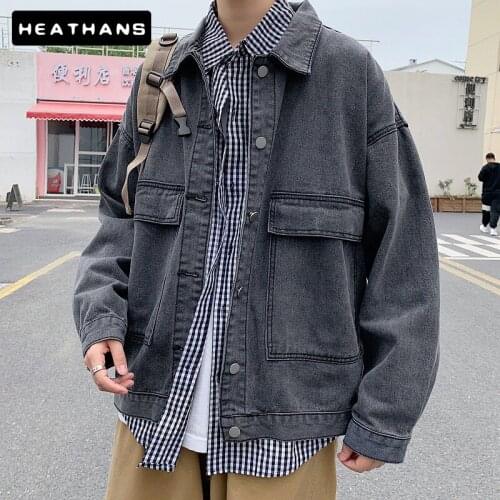 Japanese Denim Jacket Mens Spring Autumn Loose Handsome Big Pocket Jean Jacket For Male Solid Color Minimalist Denim Jacket Men