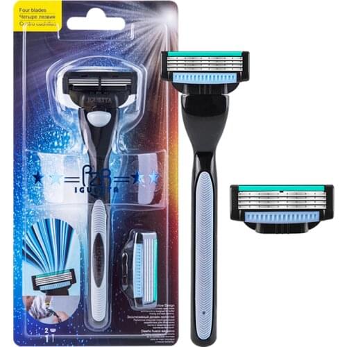 1 Handle +2 Blades Men Shaving Razor Blade Set Compatible Stainless Steel Manual Shave Razors Sharp 4 Layers Blades