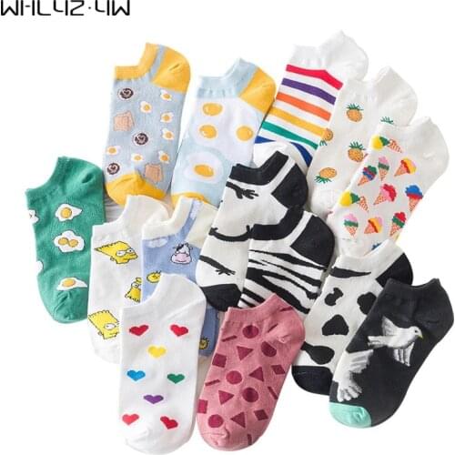 5 Pairs Woman Girl Boat Socks Cotton Street Fashion Young, Casual Cute Cartoon Poached Eggs Pineapple Ice Cream No Show Socks