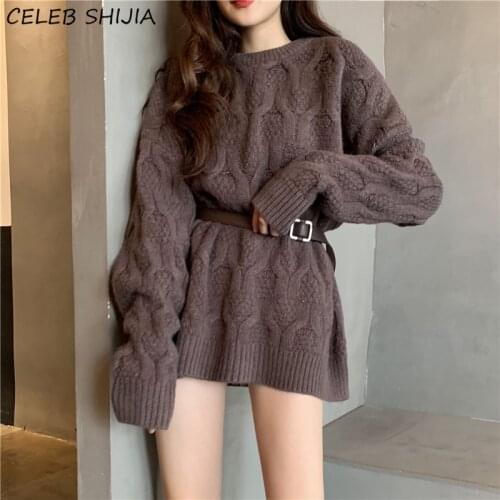 Autumn and Winter Womens Sweater Dress Brown Twist Loose Knitted Dress Vestido Korean Thick Warm Knitwear Woman Clothing Fall