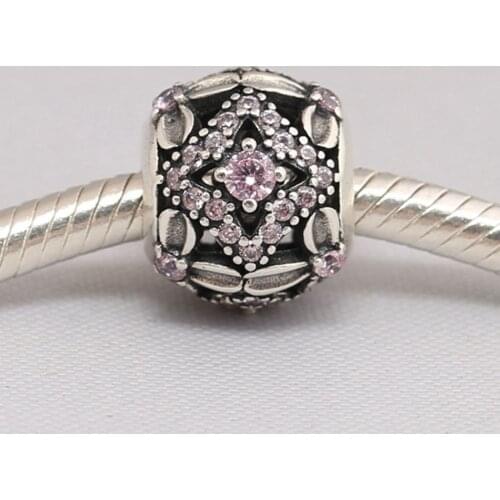 Authentic S925 Bead Pink CZ Square Charm fit Lady Bracelet Bangle DIY Jewelry