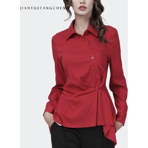 Chic Irregular Placket Women' Long Sleeve Turn-Down Collar Shirt Solid Color Slim Tunic Top 2021 Autumn Office Blouse For Work