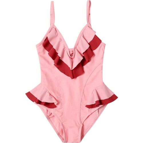 New Girl Contrast Color One-Piece Swimsuit Fashion Ruffles Bow Backless Suspender Triangle Swimsuit Fresh Pink Swimming Wading