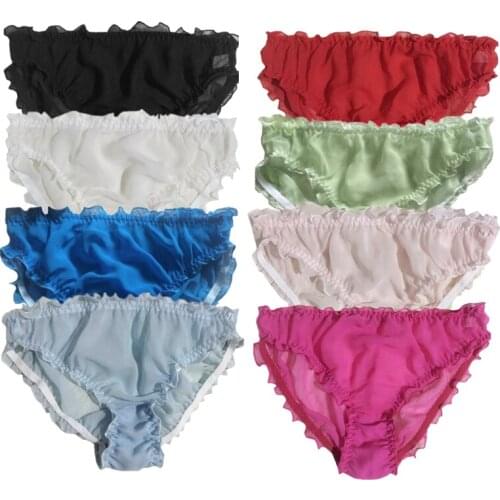 Birdsky, 3pcs 100% natural mulberry silk women briefs panties woven underwear, ruffles edge, plus size, solid print colors. S-35