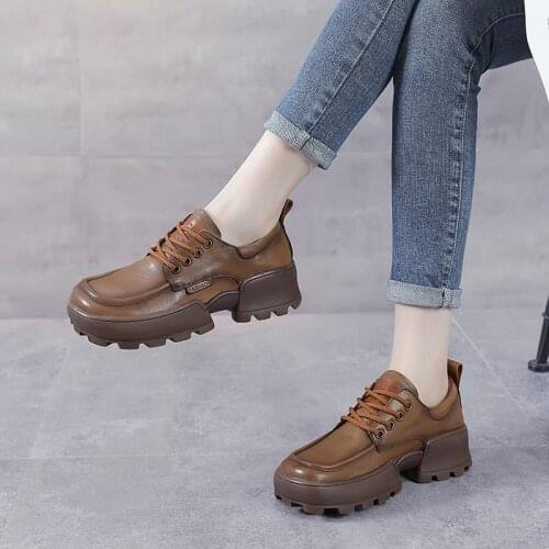 Platform Platform Shoes Womens First Layer Cowhide Autumn and Winter New One-foot Shallow Mouth Loafers British Single Shoes