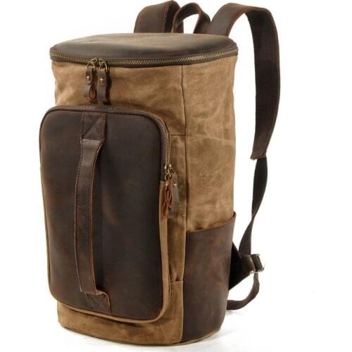 Outdoor Mens Backpack Sports Travel Backpack Oil Wax Canvas Shoulder Large Capacity School Bag Travel Bag Bucket Bag Cowhide