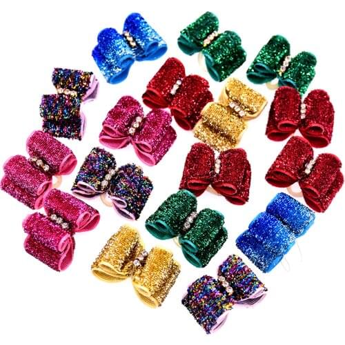 Wholesale100pcs Christmas Dog Hair Accessories Dimond shining Pet Dog Hair Bows Rubber Bands Red Green Cat Dog Pet Supplies