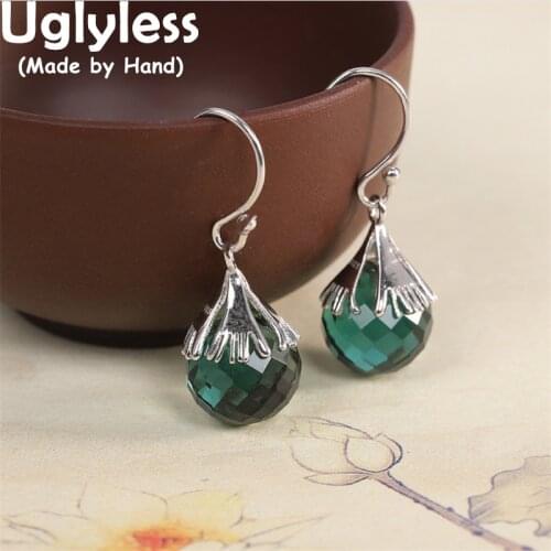 Uglyless Disco Balls Faceted Crystals Green Earrings for Women Vintage Thai Silver Jewelry Sparkly Zircons Brincos 925 Silver