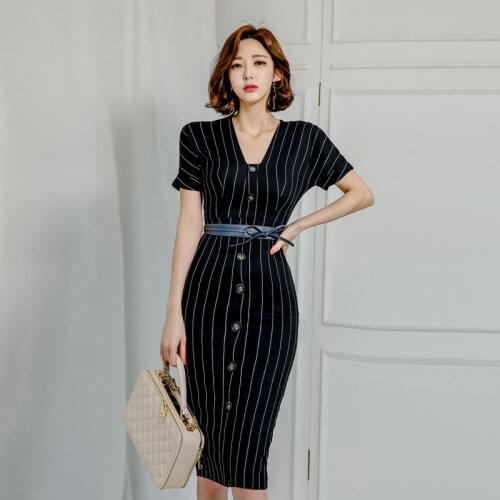 Striped Elegant Office Pencil Dress 2020 Summer Small Sexy V-neck High Waist Decorative Single-Breasted Party Womens Dresses