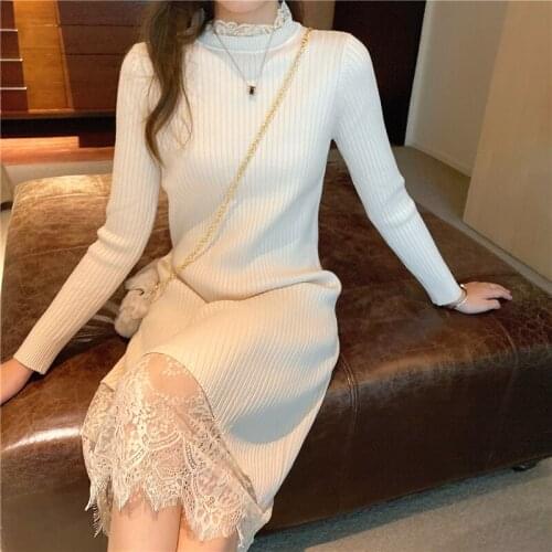 French Long Slim Lace Stitching Knit Dress Ladies Long Sleeve Stand-Up Collar Autumn Winter New Solid Color Joker Dress Vestidos