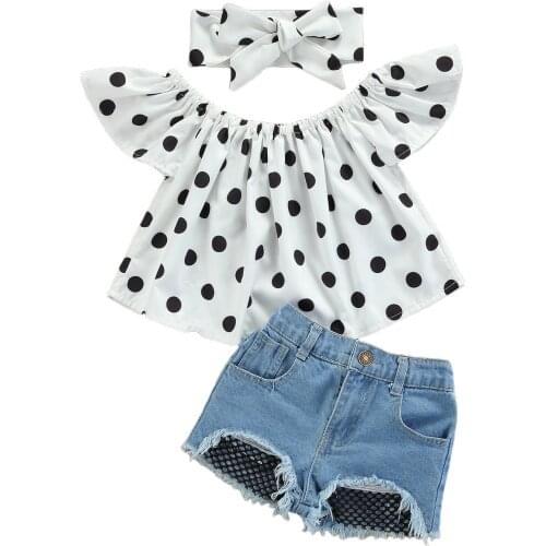 2021 1-6Y Fashion Kids Baby Girl Clothes Set Dot Print Short Sleeve Blouse+Mesh Patch Denim Shorts+Heaband Summer 3pcs Outfits