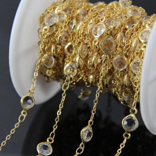 5Meter,Glass Faceted Round beads Coin Link Gold Plated Wire Wrapped Chains,Gold edge Glass Flat Connectors beads Chains