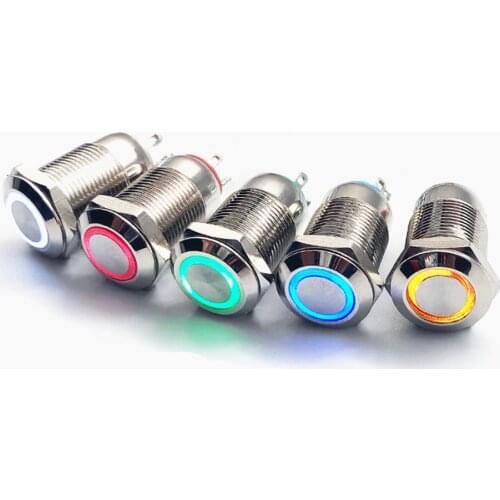 5pcs 12mm Waterproof Latching Flat Round Stainless Steel Metal Push Button Switch LED Light Shine Car Horn Fix 3V 5V 12V 24V