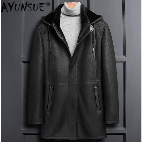 AYUNSUE Winter Genuine Leather Jacket Men Sheepskin Coat Real Fur Vintage Shearling Jacket Hooded Thick Coats LSY1100 KJ3823