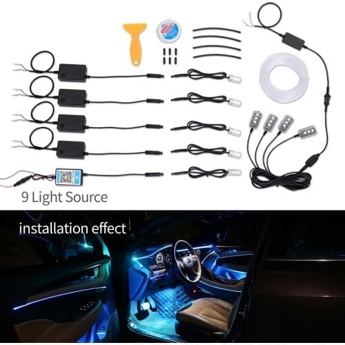 NO Threading 5pcs Ambient Lights + 4 Foot lamps APP Control 64Colors Optic Fiber Car Atmosphere Light Lamp