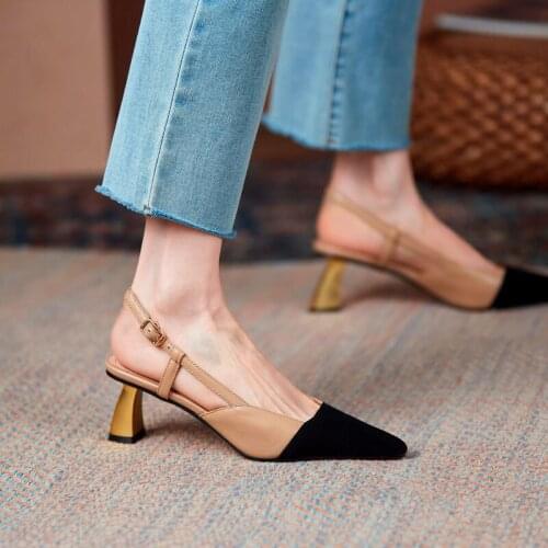 Womens Sandals Genuine Leather Square Mid Heels Pumps For Females Mixed Color Pointed Toe Fashion Ladies Shoes Party Sandals