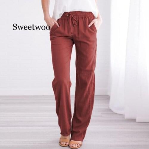 Plus Size Women Casual Loose Pants Solid Elastic Waist Cotton Linen Pants Spring Summer Stretch Female Trousers Clothing