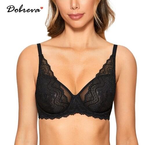 DOBREVA Women Sexy See-through Bralette Lace Minimizer Bra Underwire Without Inserts