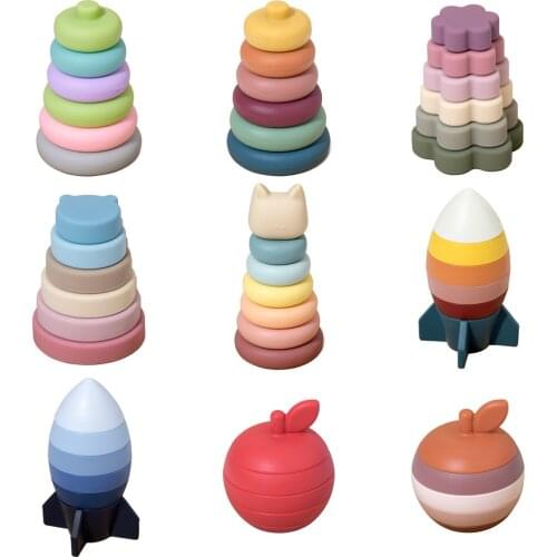 Childrens Pile Stacking Wooden Toys Baby Teether Chewing Molars Cartoon Educational Toys Food Grade Silicone Material BPA Free