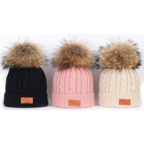 2019 Real Fur Pom Children Winter Hat For Girls Hat Knitted Beanies Cap Brand Thick Baby Cap Baby Girl Winter Warm Hat