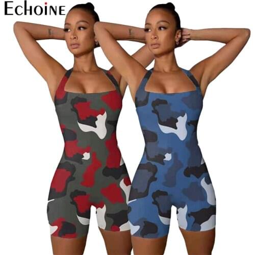 Echoine Sexy Camouflage Print sleeveless Neck Hanging Bodycon Women jumpsuit Summer Beach Party Playsuits Short Pant Rompers