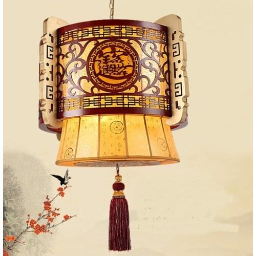 Chinese pendant light wood carving festive classical shrine Lucky treasure project lighting modern sheepskin paper wood LU715