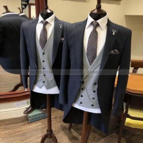 Classic Charcoal Men Tailcoat Suit Tailored Gentleman Tuxedo Dark Grey Wedding Groom Morning Dress Suit Blazer Vest Pants 3Pcs