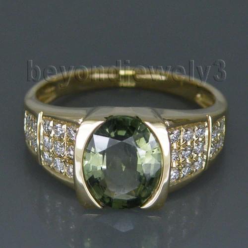 Lovely Vintage 14Kt Yellow Gold Natural Diamond Green Sapphire Ring Oval 7x9mm For Sale WU104