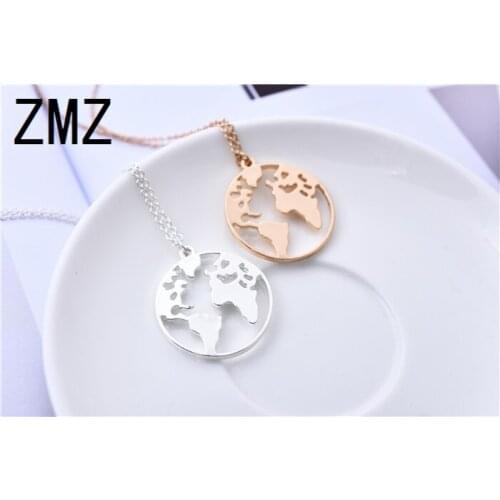 ZMZ 10pcs/lot Europe/US Trendy World Map Circle Necklace Hollow Out Globe Pendant Jewelry Gift for Friends Party Necklace Gift