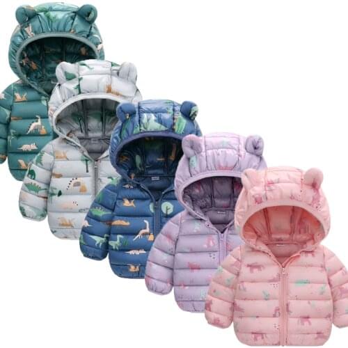 Autumn And Winter Kid Boys Girls Jacket Fashion Cute Cartoon Dinosaur Pattern Hooded Down Padded Jacket For Children Aged 1-5