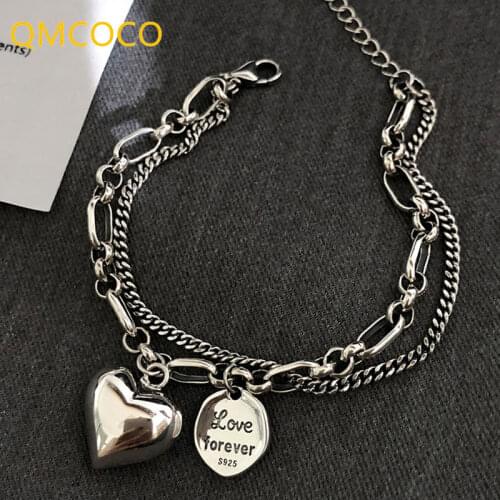 QMCOCO 925 Sterling Silver Bracelet New Trendy Punk Vintage Sweet Couples Lover Double Chain Heart-Shape Jewelry Gifts For Women