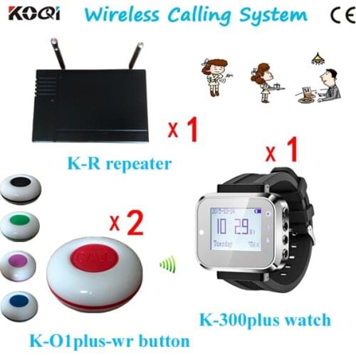 Restaurant Wireless Waiter Call System with Bell Button Watch(1 Watch Receiver+ 2 Table Bell Button+1 Signal Repeater)