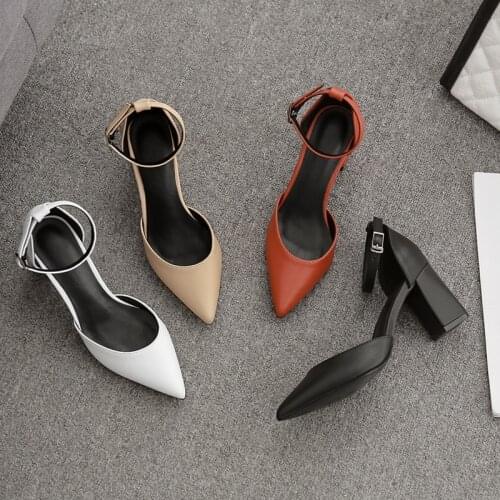 BaoYaFang Orange coral Leather Sandals Women Thick Heel Fashion shoes woman Ladies sandals ankle Strap Shoe Pointed Toe Buckle