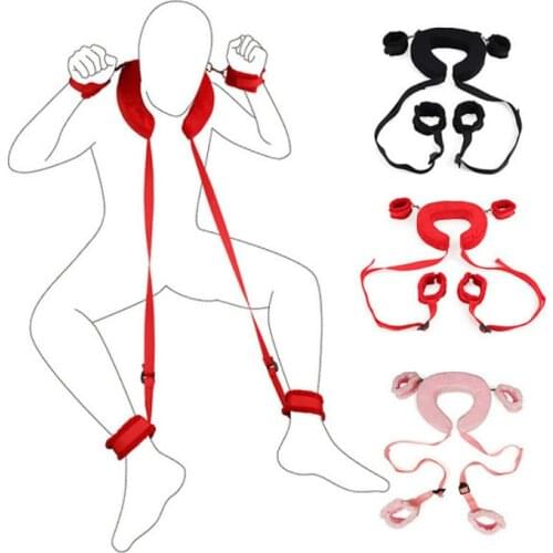 Couples Sex Position Tool Adult SM Game Handcuffs Leg-splitted Pillow Sex Posture Aider Adjustable Leather Bed Restraints Set