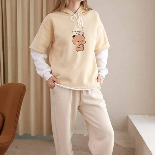 Cartoon Bear Sweatshirt Hoodie for Girls Kawaii Oversized Cotton Hoodie Cute Jackets Women Fake Two Piece Casual Tops Pullover
