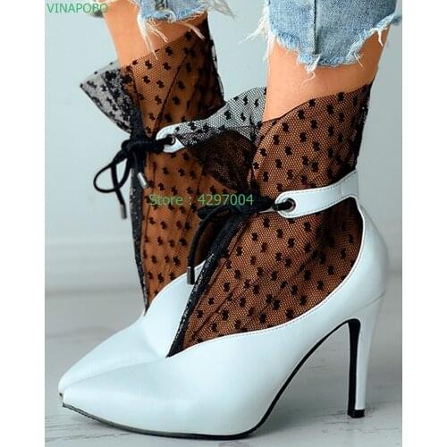 Vinapobo Sexy Mesh Ankle Boots Women Spring Lace Bowknot Pointed Toe Shoes Woman Hollow Out High Heels Party Shoes Wedding Shoes
