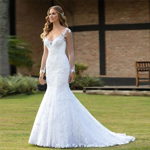 WUZHIYI Elegant White Mermaid Wedding Dresses Boho Long Sleeves Lace Appliques Suknia Slubna Abito Da Sposa Bridal Gowns 2021