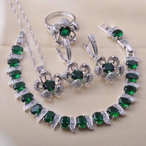 Bridal jewelry Silver Color Jewelry Sets For Women Wedding Jewelry Green Zircon Bracelet Earrings Ring Free Gift Box QS0616
