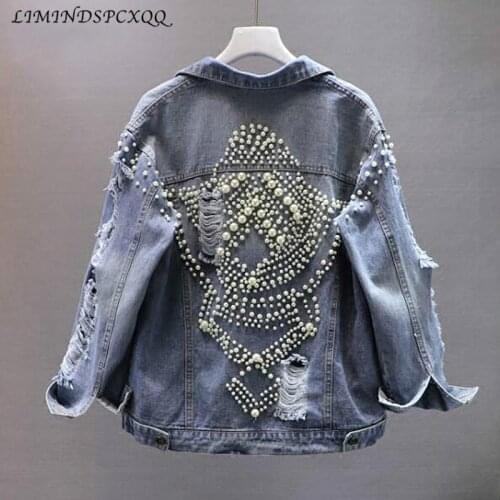 Vintage Women Cool Frayed Holes Pearls Beading Denim Jacket Loose Jeans Jacket Coats Female Streetwear Outerwear Chaqueta Mujer