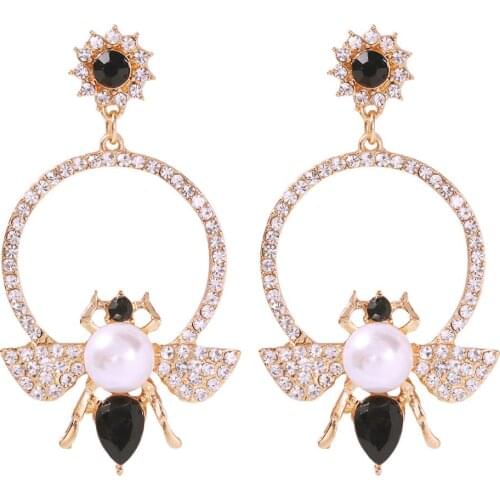 Zouchunfu Drop Zinc Alloy Bee Earrings Crystal Pearl Earrings for Women Oorbellen Fashion Statement Big Earrings Luxury Earrings