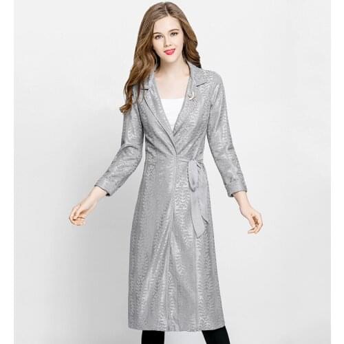 Thin Lace Spring Summer Lady Overcoat Pink Grey Autumn Belt Women Outerwear Turn-Down Collar Unique Gentle Business Pocket Coats