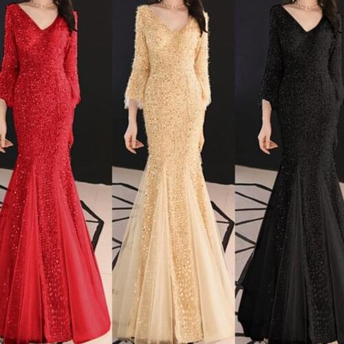 BacklakeGirls Women Sexy V Neck Flare Sleeves Mermaid Evening Dress Sparkling Sequined Backless Long Prom Dresses Koszulka Nocna