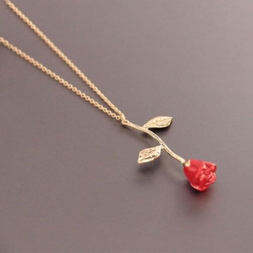 Everfast 1pc Red Rose Flower Pendant Resin Necklace Gold Color Link Chain Classic Love Jewelry for Women Ladies