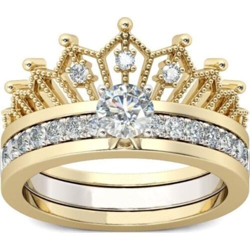2Pcs Crown Ring for Women Round Cut Wedding Ring Sets Gold Plated Cubic Zirconia Engagement Rings Band Fashion Jewelry