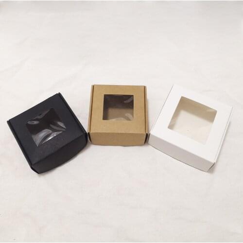 20pcs/lot paper card Box,square black Kraft Paper Packing Box,white small soap carton Box with pvc window 7.5x7.5x3cm gift box